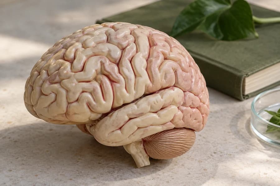 Illustrative anatomical brain model on a research desk