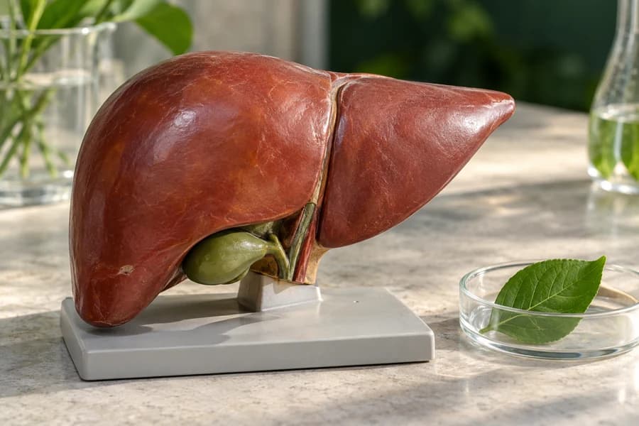 Illustrative anatomical liver model beside a botanical specimen