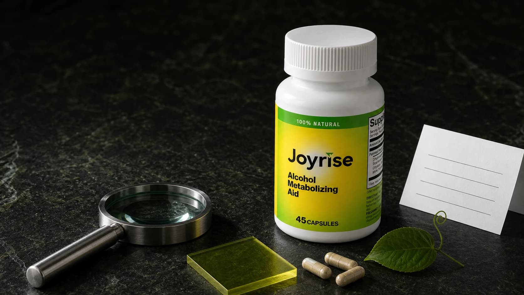 Joyrise bottle on a dark mineral inspection table with magnifying glass, vine tea leaf, and comparison card
