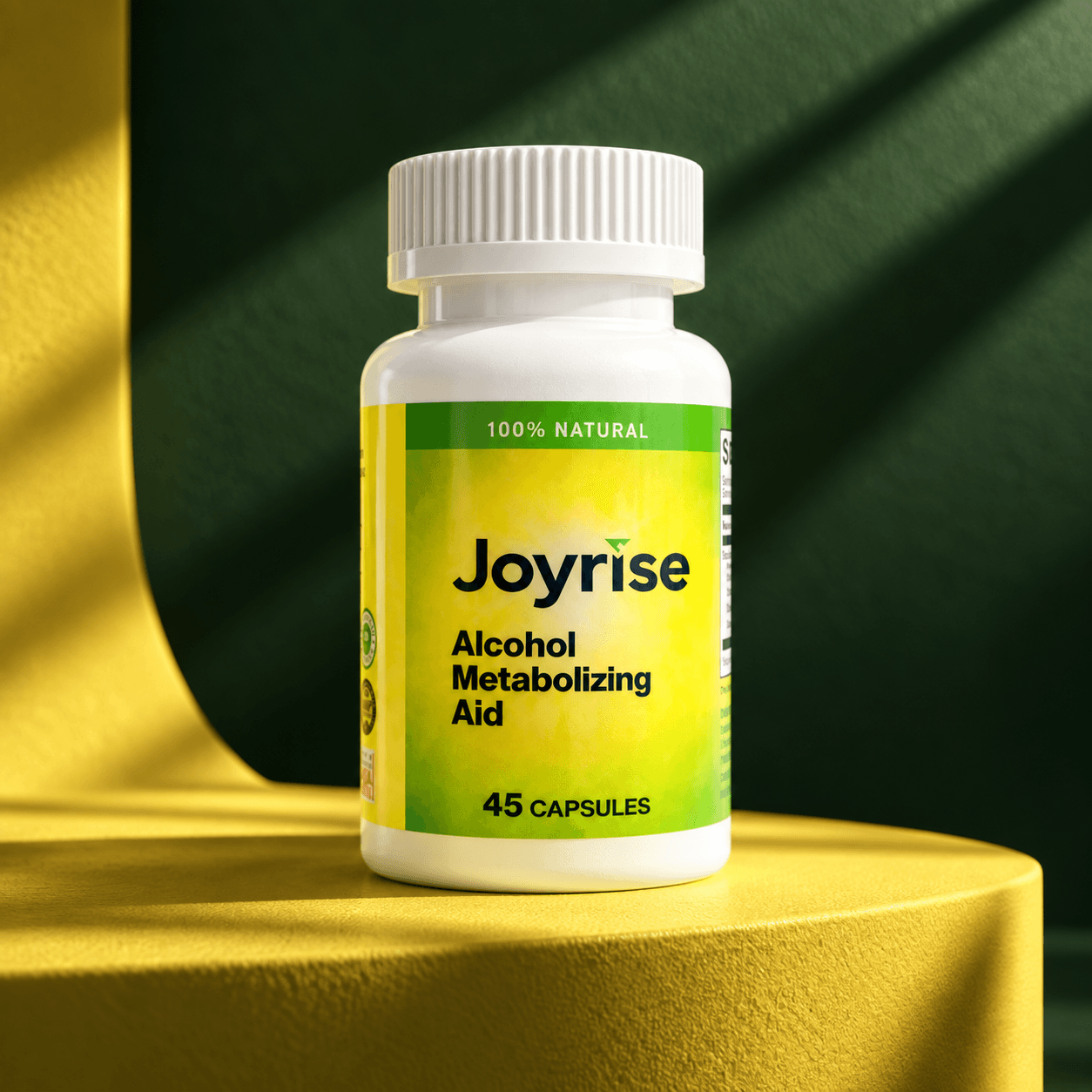 Front of the Joyrise 45-capsule bottle with vertically ridged white cap