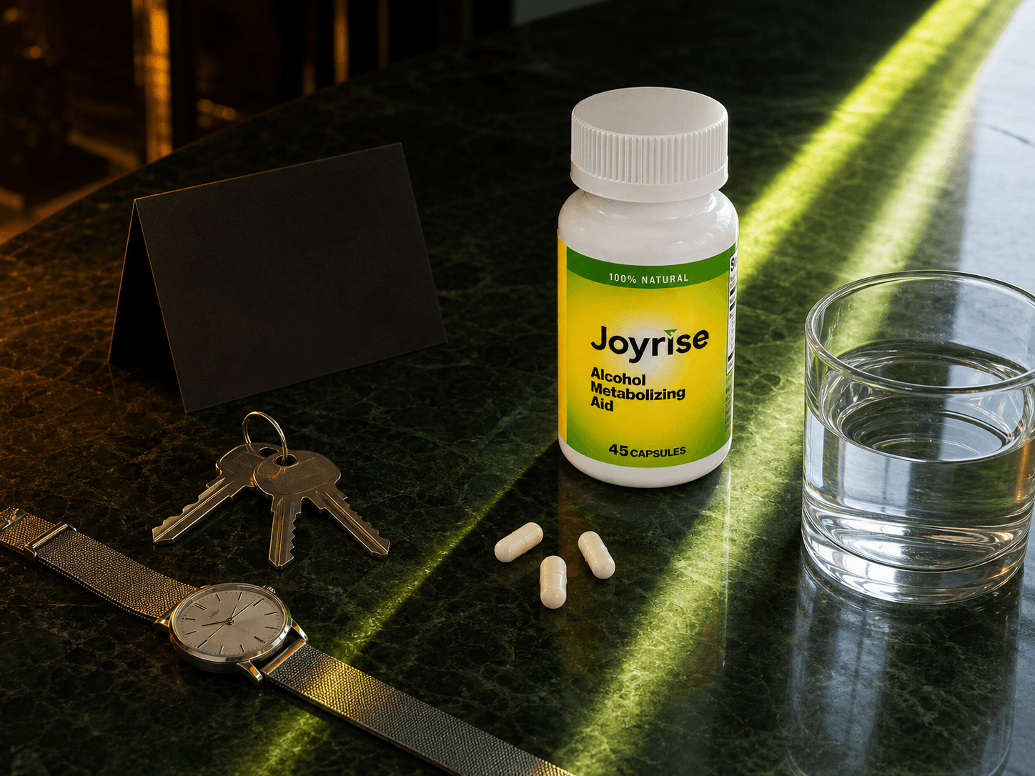 Joyrise bottle, water, and three capsules ready for an evening routine
