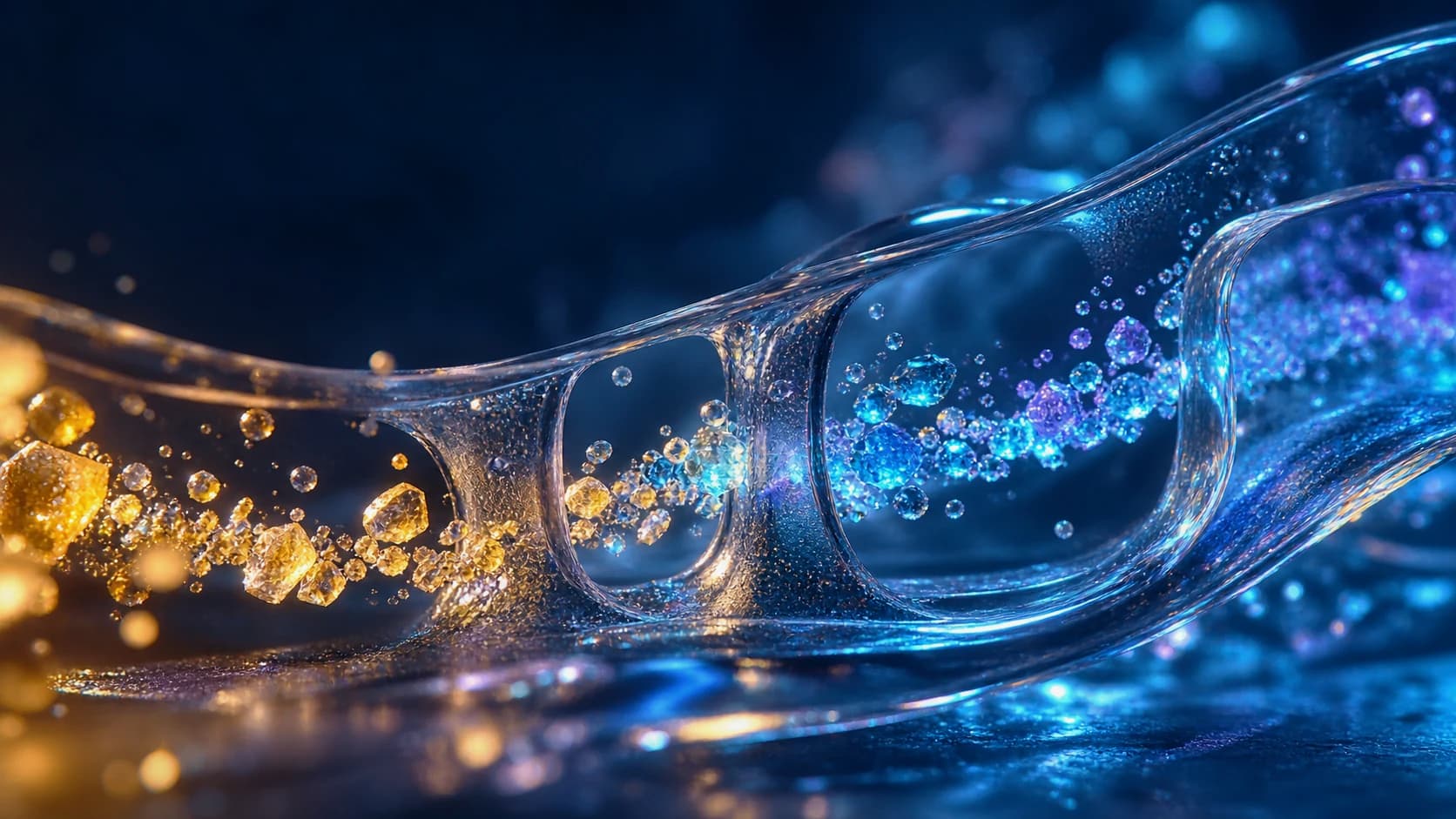 Conceptual macro photograph of amber particles moving through a cyan glass microfluidic pathway