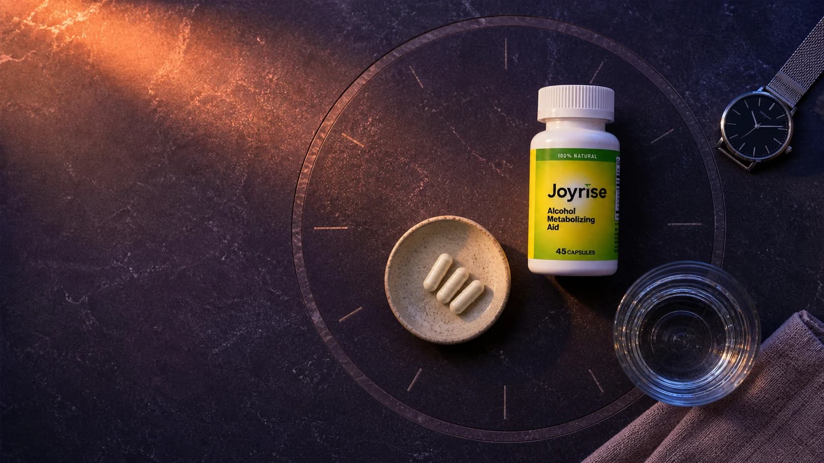Joyrise bottle, three capsules, water, and a watch arranged on a night-to-morning ritual dial