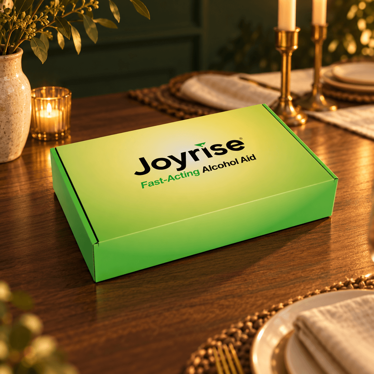 Closed Joyrise gift box on a walnut table in warm evening light