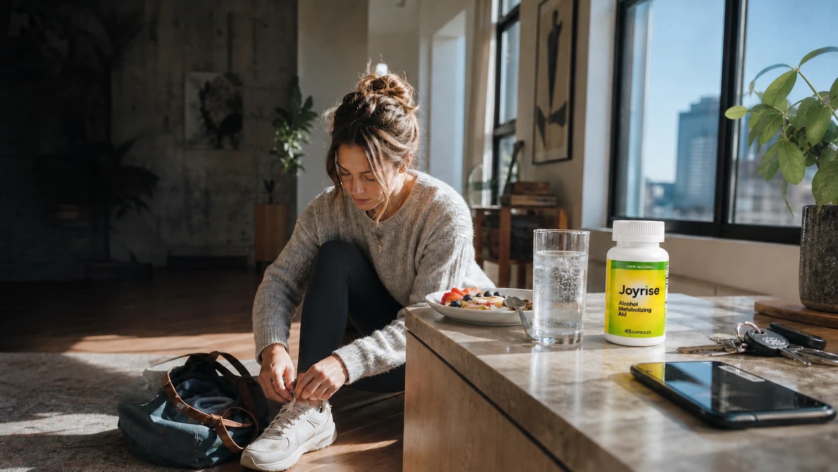 A woman tying her sneakers in a sunlit apartment beside water, breakfast, and a Joyrise bottle