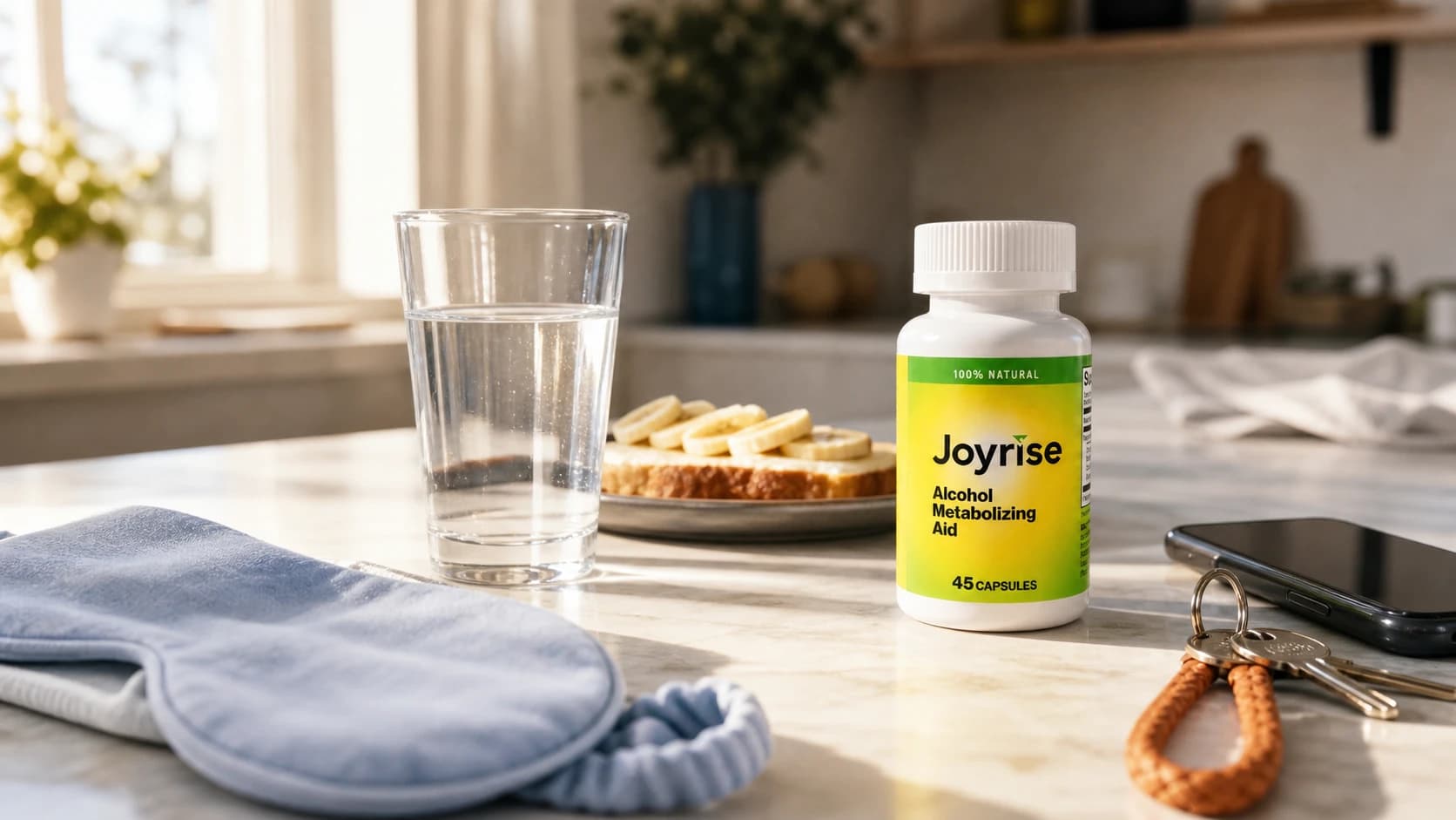 A calm morning breakfast bar with water, food, a sleep mask, keys, and Joyrise capsules