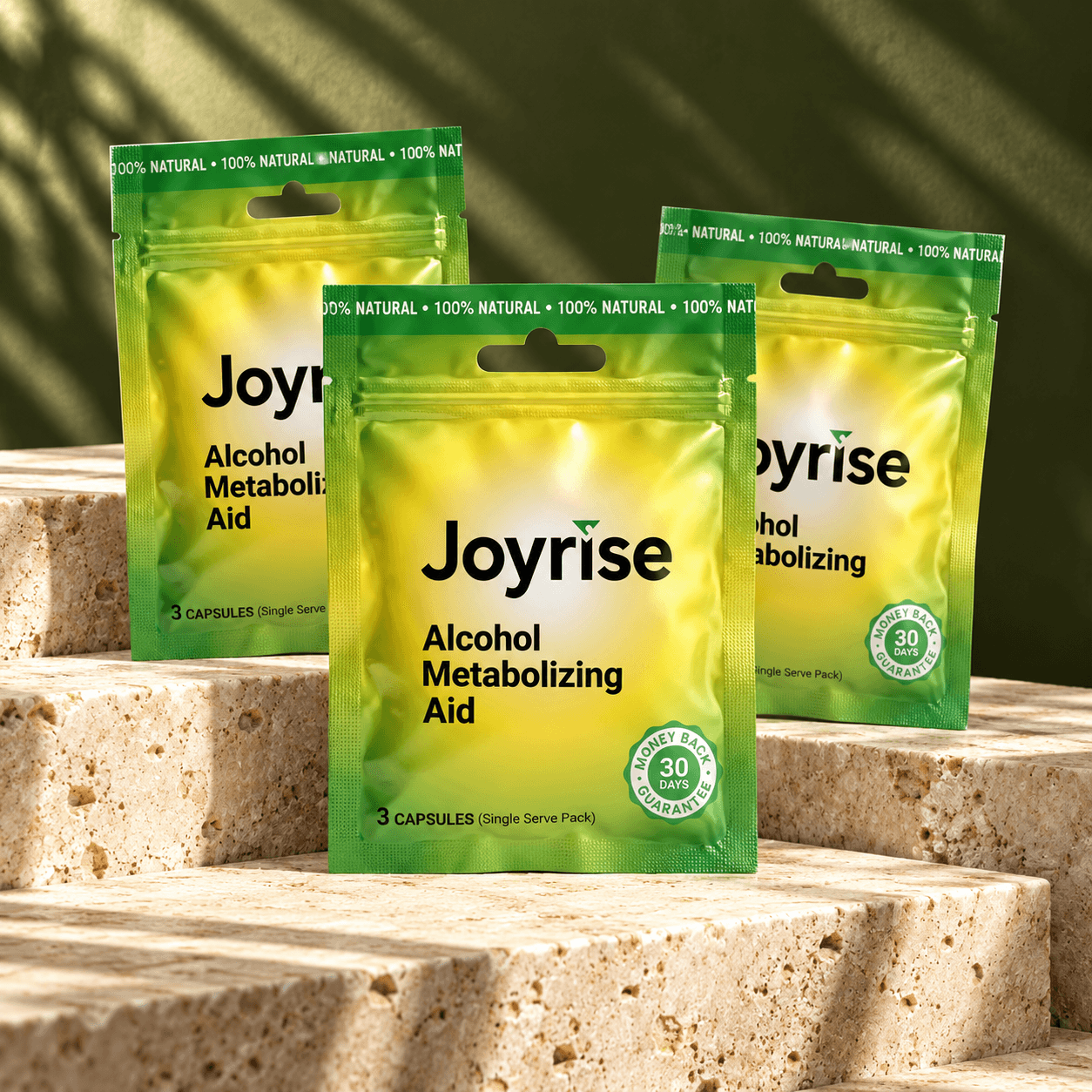 Three Joyrise single-serve capsule packets