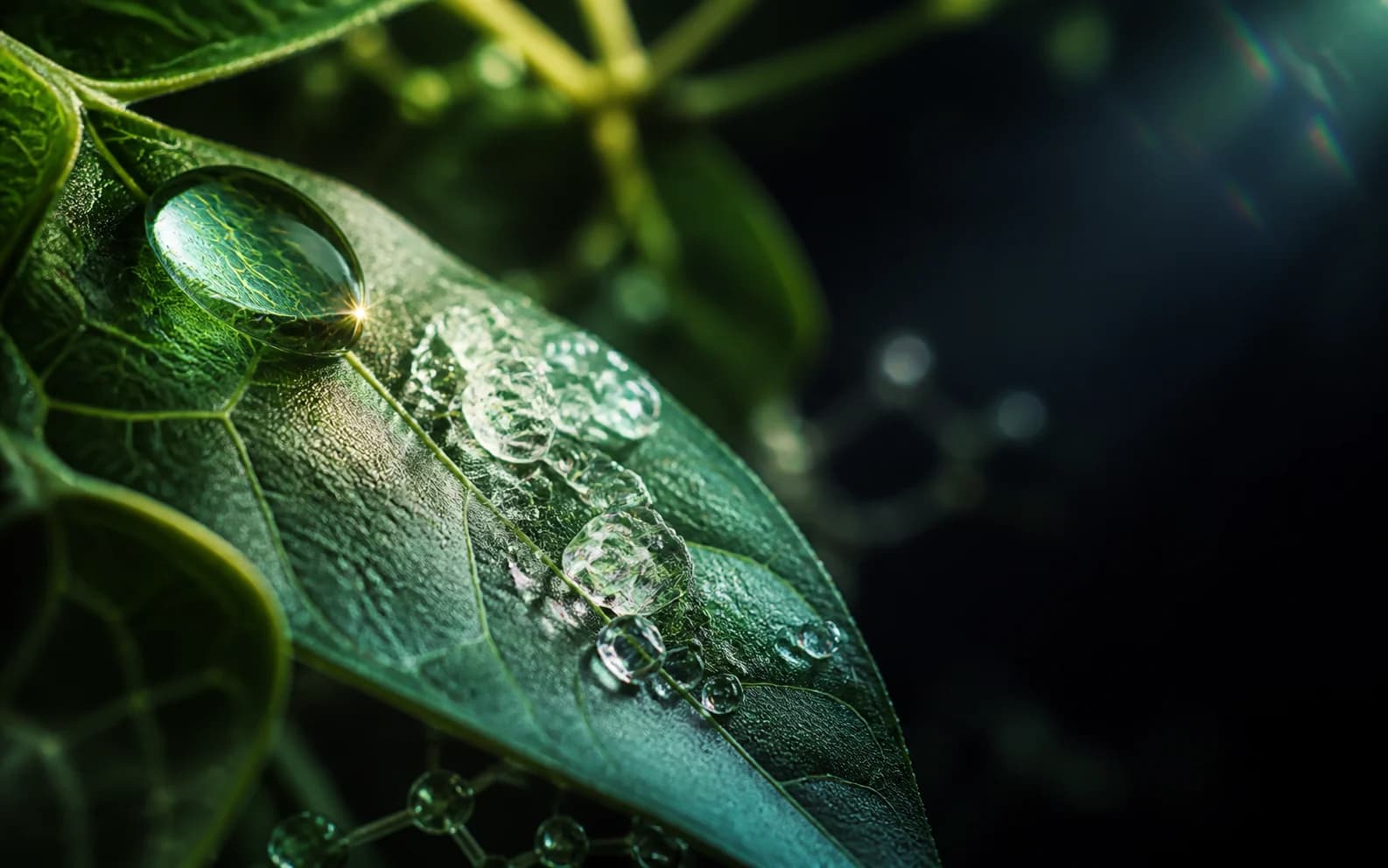 Macro view of a vine tea leaf, clear droplets, and translucent crystal forms in emerald light