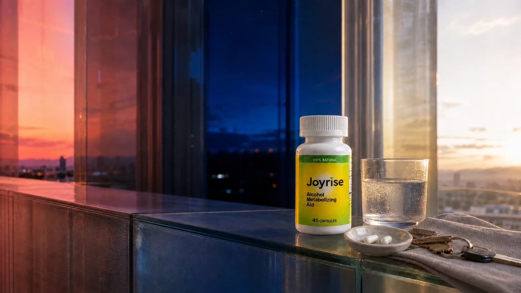 Joyrise bottle, water, and exactly three capsules in a cinematic dusk-to-dawn setting