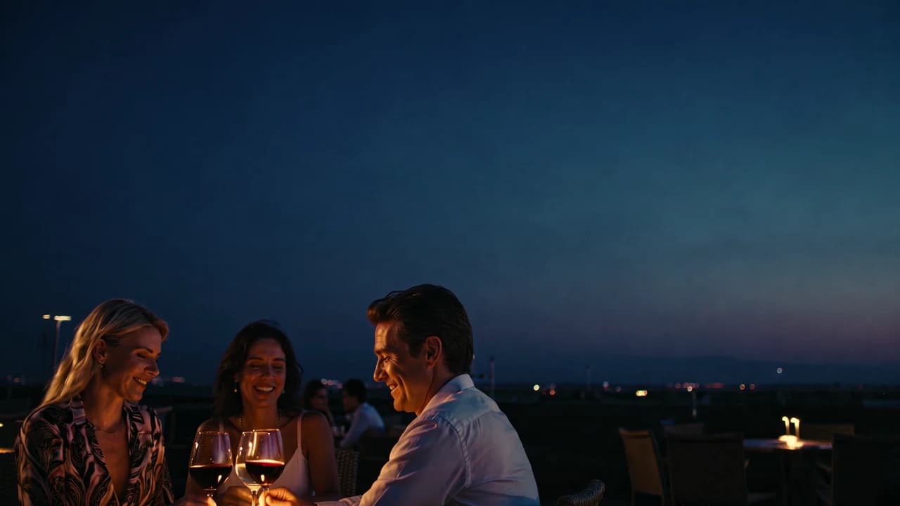 Friends laughing and toasting wine glasses over dinner on a warmly lit rooftop