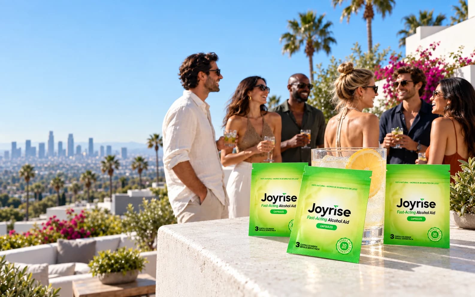 Three Joyrise capsule packets resting against a citrus drink at a sunny rooftop gathering