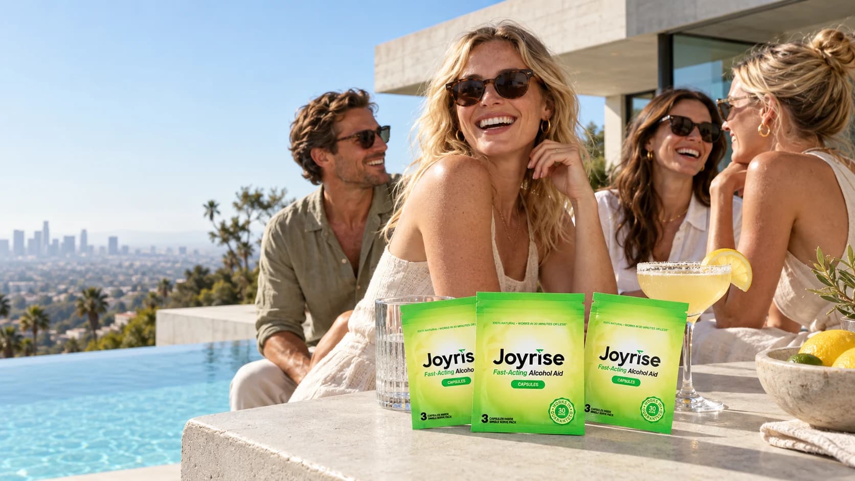 Three Joyrise capsule packets beside water and a citrus cocktail at an adult poolside gathering