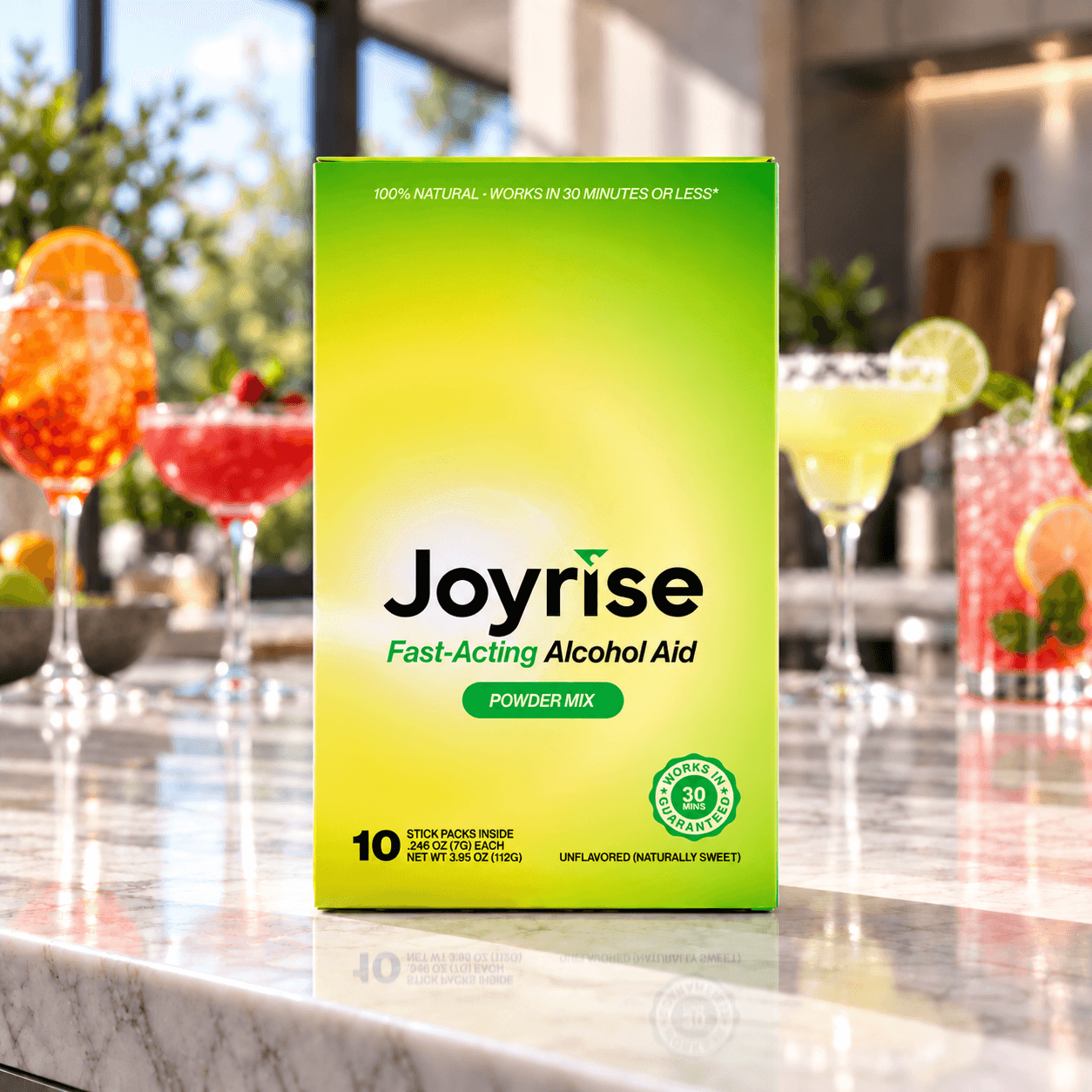 Joyrise ten-count powder mix box on a sunlit counter with colorful drinks in the background
