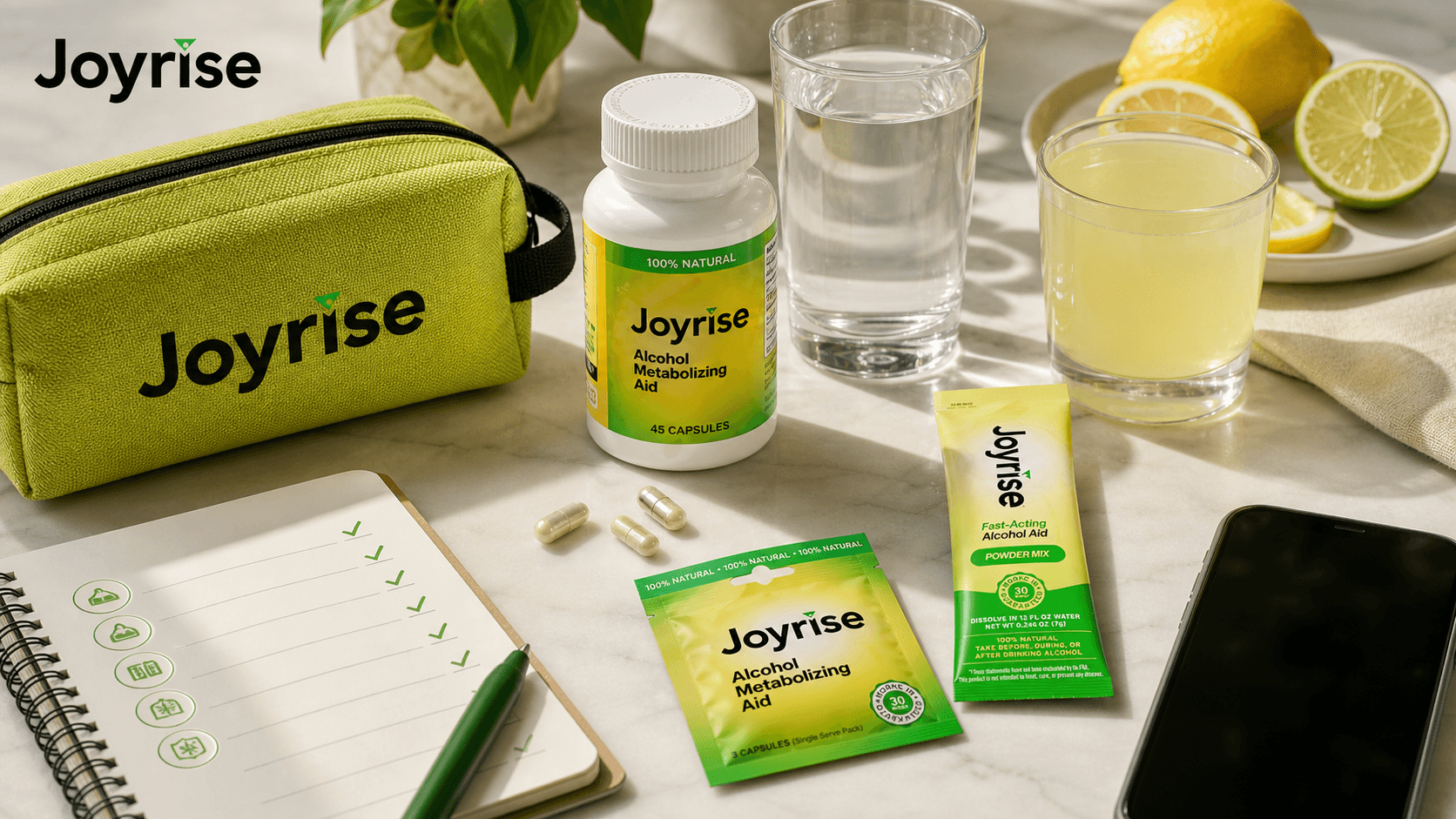Joyrise bottle, capsule packet, and powder stick with water and travel essentials