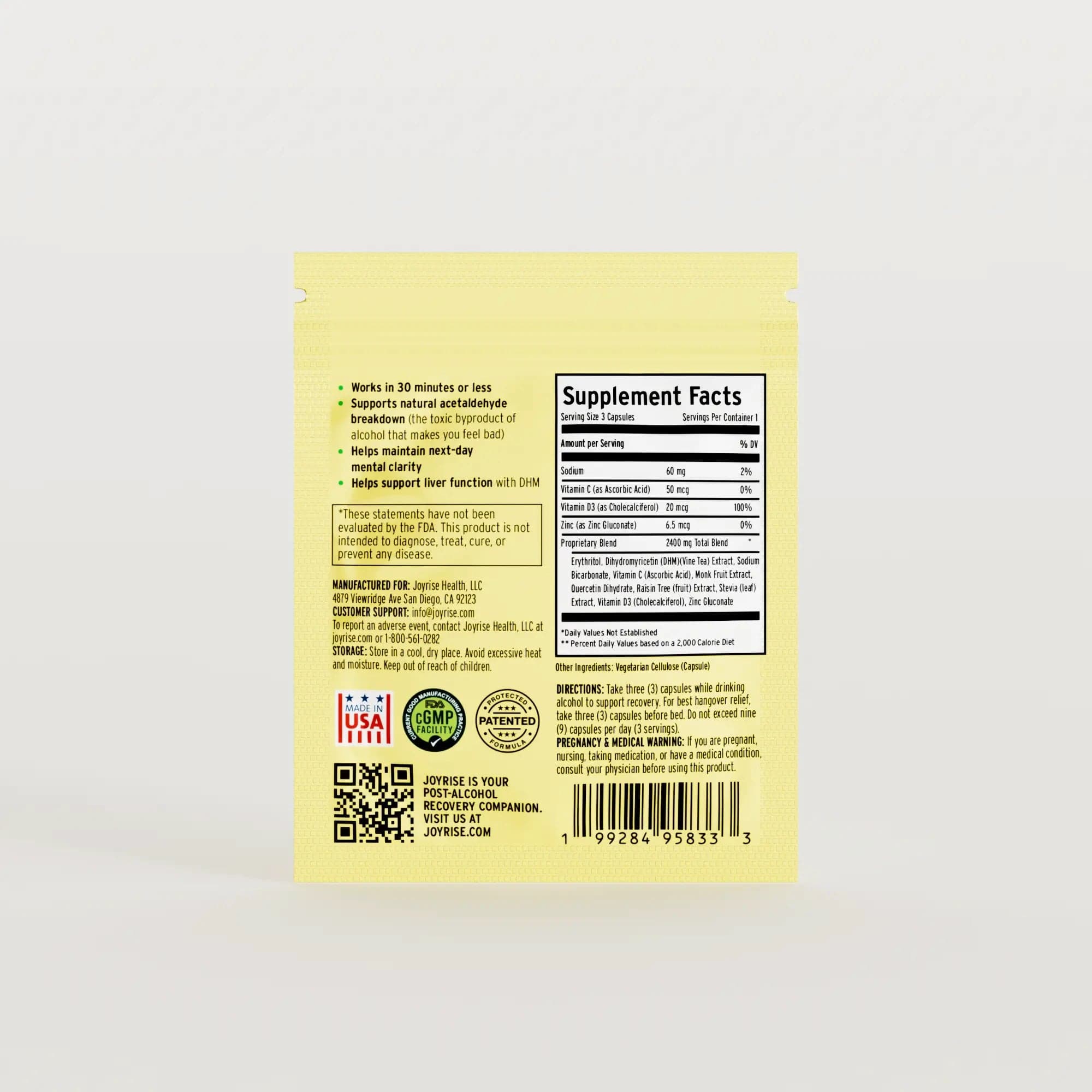 Back of the current Joyrise packet with Supplement Facts, directions, and warnings
