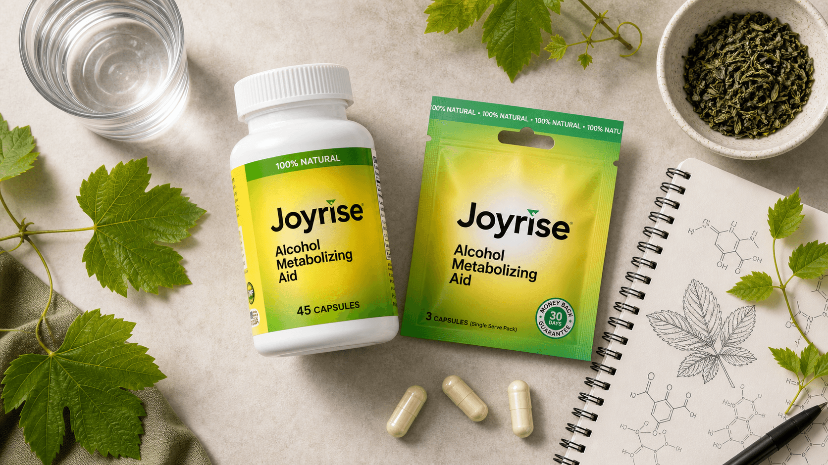 Joyrise formats with vine tea leaves, water, and a research notebook