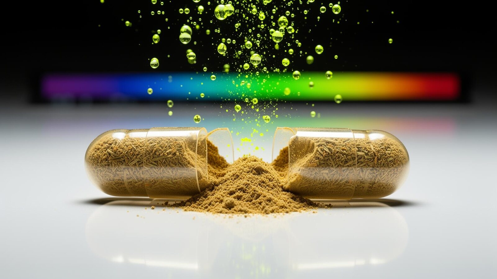 DHM capsule split open with powder and molecules being absorbed — illustrating high bioavailability