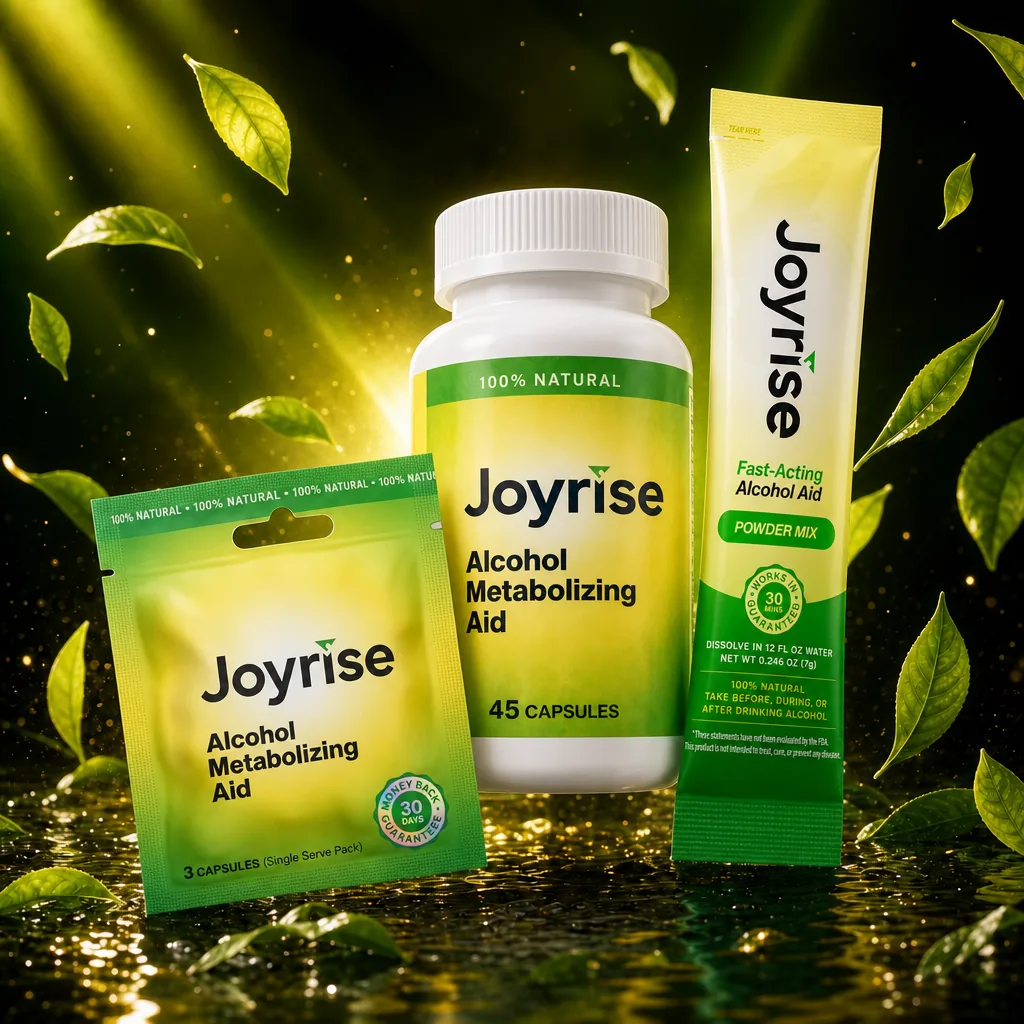 Joyrise capsule bottle, capsule packets, and powder stick packs for alcohol support supplement trends