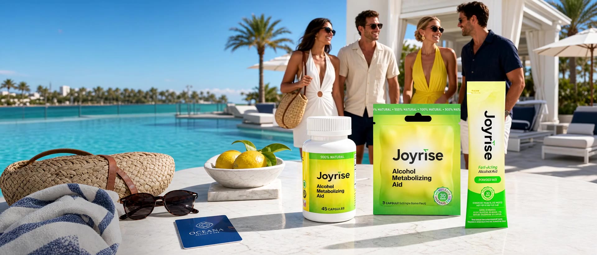 Friends enjoying a sunny poolside getaway, with Joyrise packed for the trip