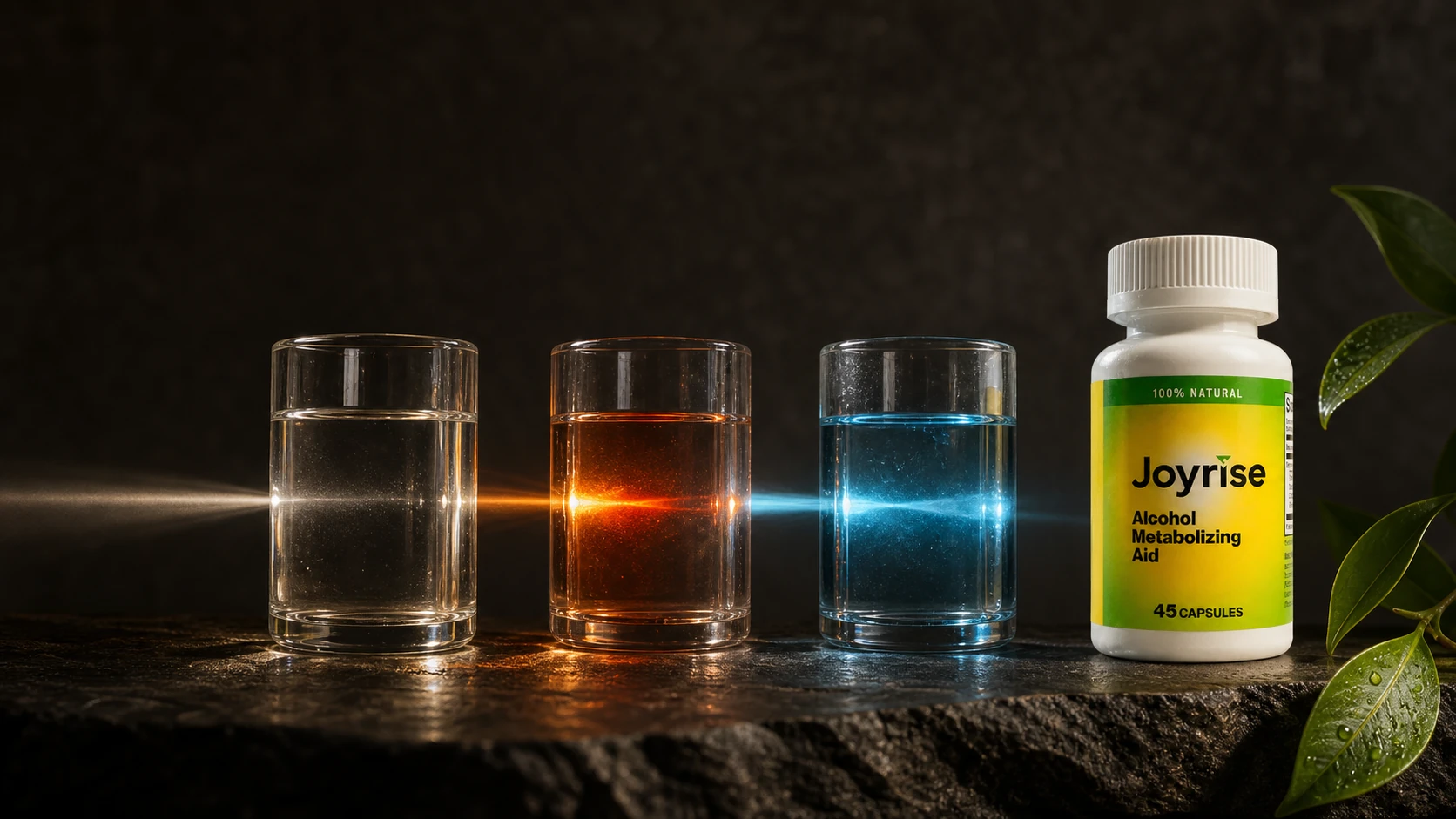 Three glass chambers visualizing ethanol, acetaldehyde, and acetate beside a Joyrise bottle