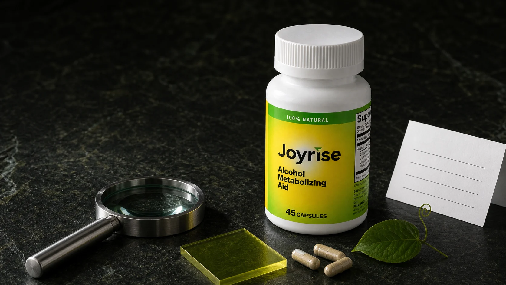 Joyrise bottle on a dark mineral inspection table with magnifying glass, vine tea leaf, and comparison card