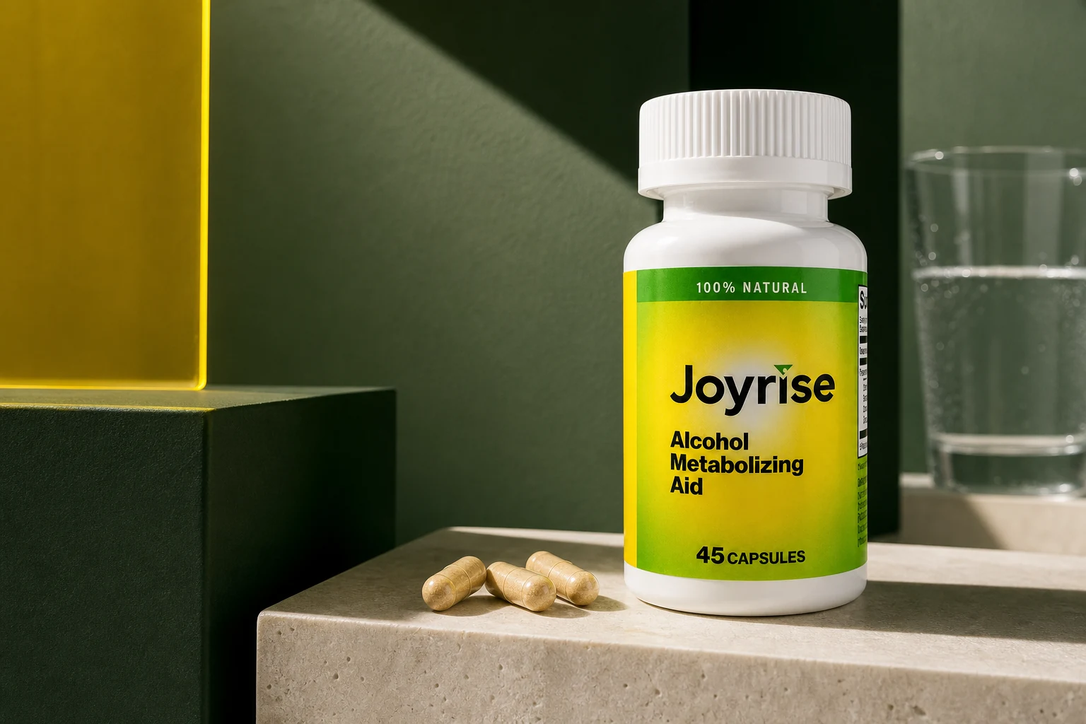 Joyrise bottle and three capsules on an architectural studio set