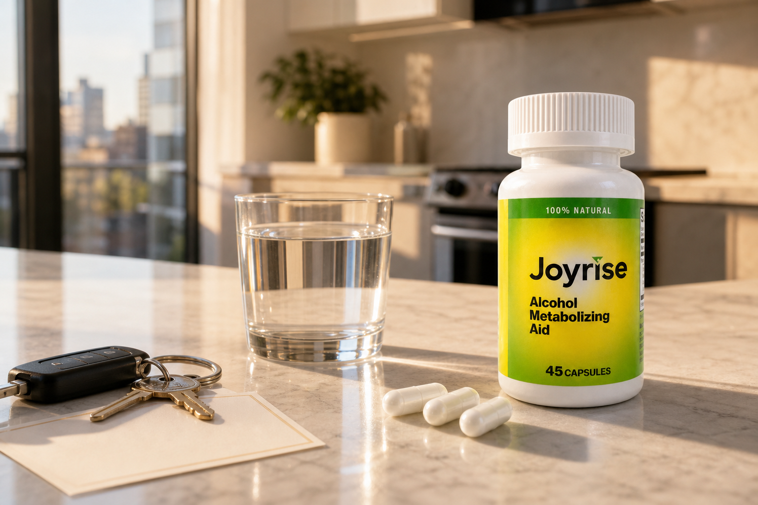 Joyrise capsule bottle, water, capsules, and keys in a warm next-morning kitchen