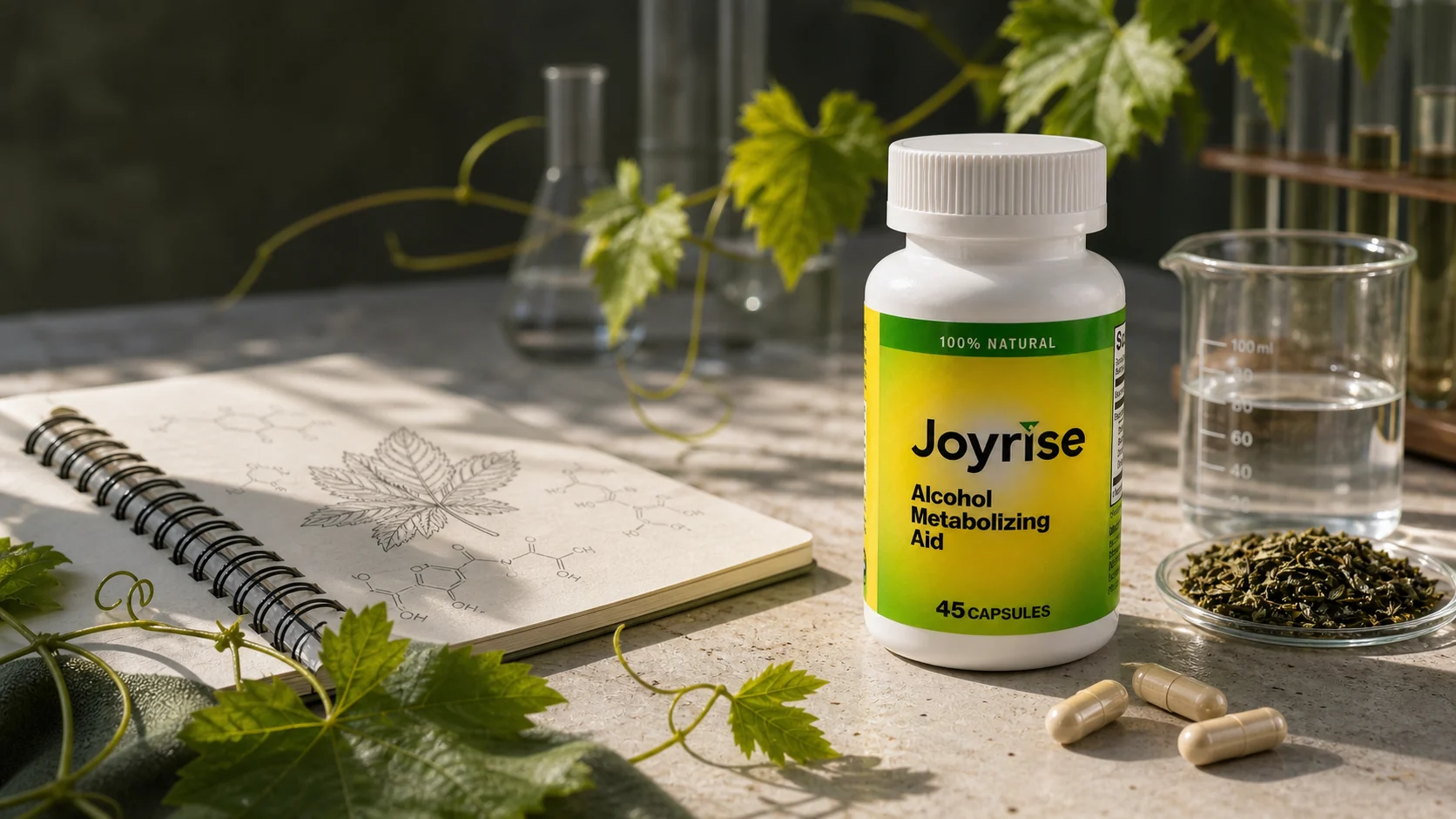 Joyrise capsules in a botanical research setting with vine tea leaves, dried tea, and laboratory glassware