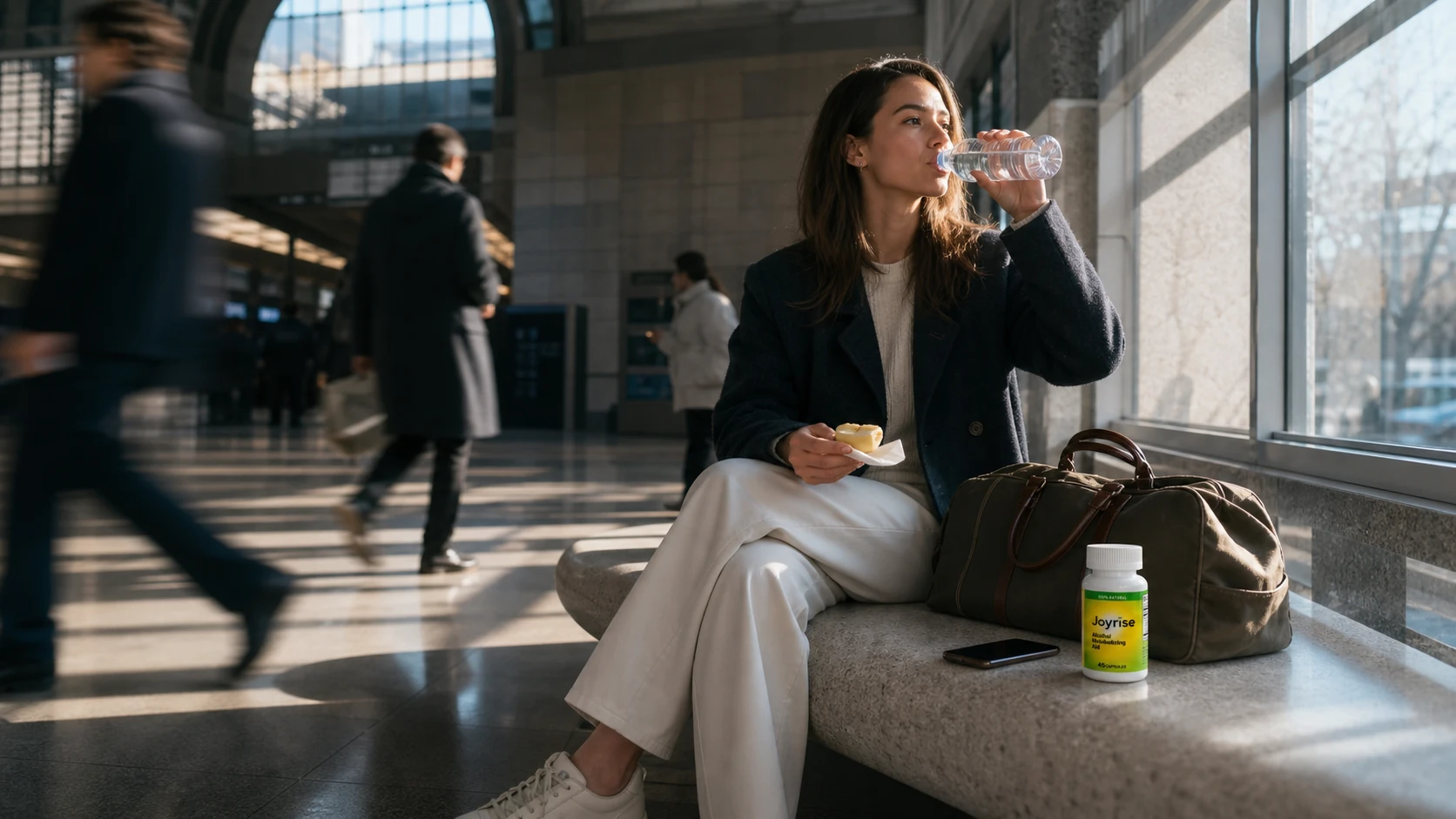 A traveler hydrating in a bright station while commuters move around her