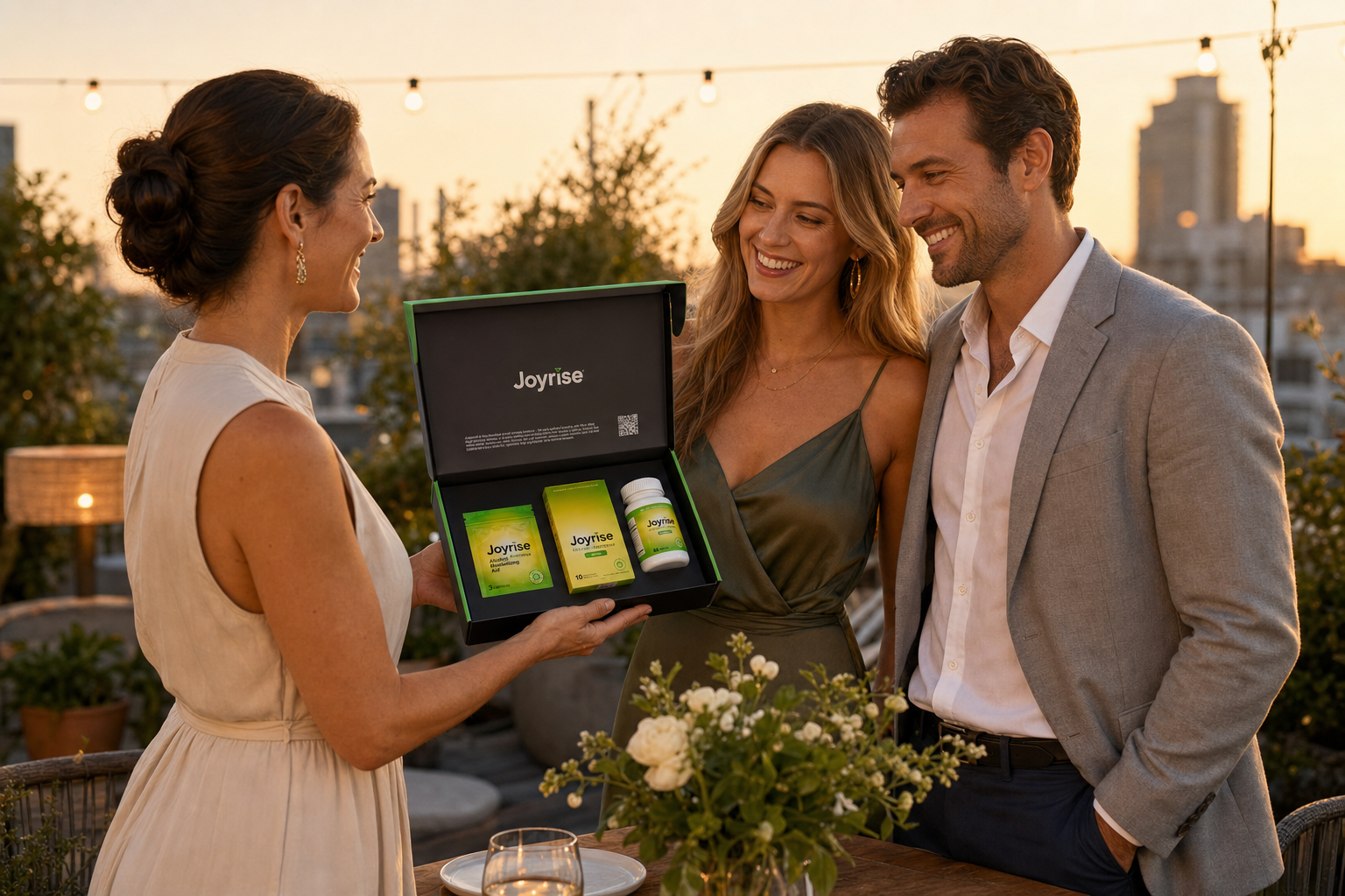 A dinner host presenting an open Joyrise gift box to arriving guests