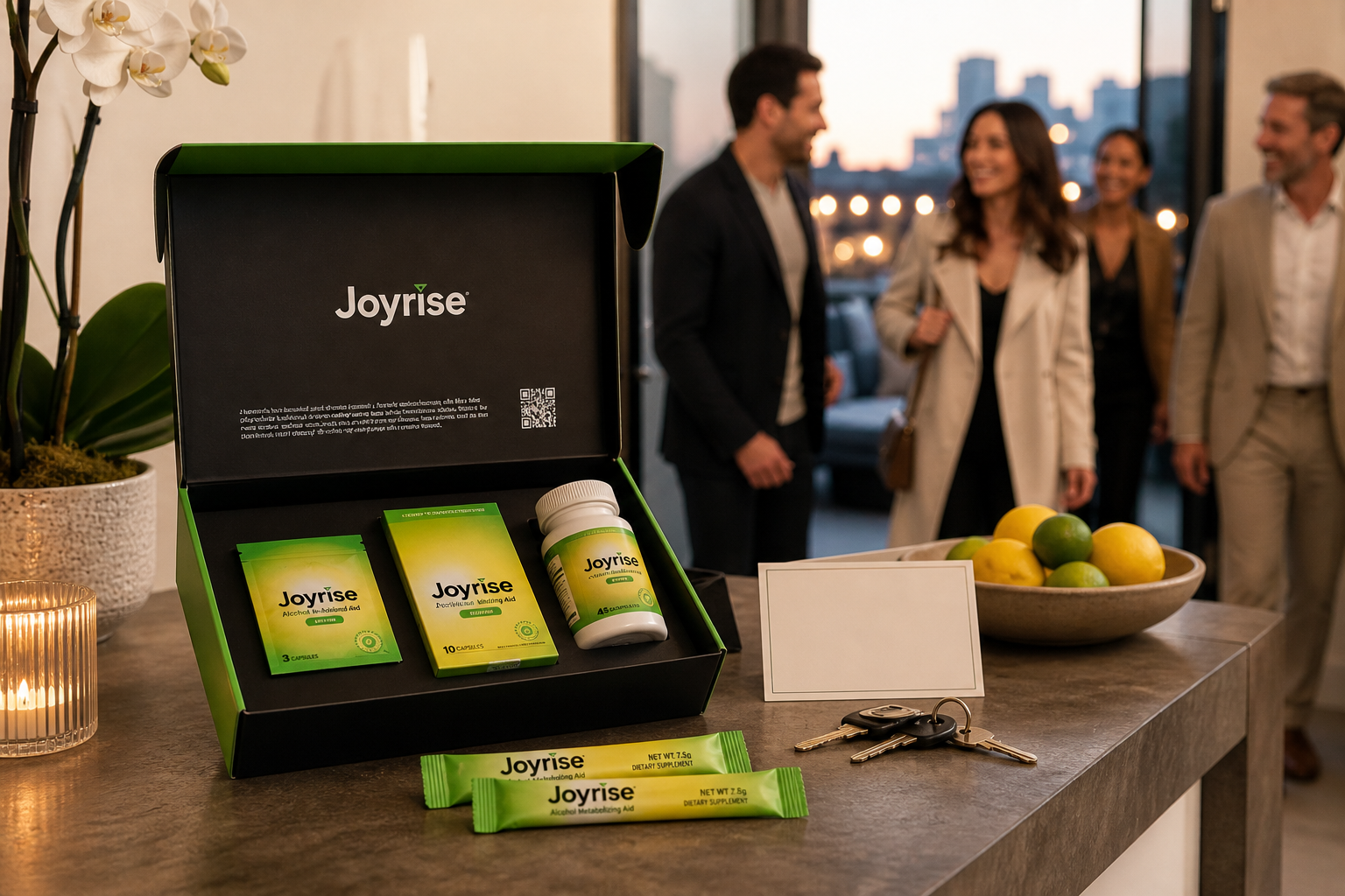 A dinner host presenting an open Joyrise gift box to arriving guests