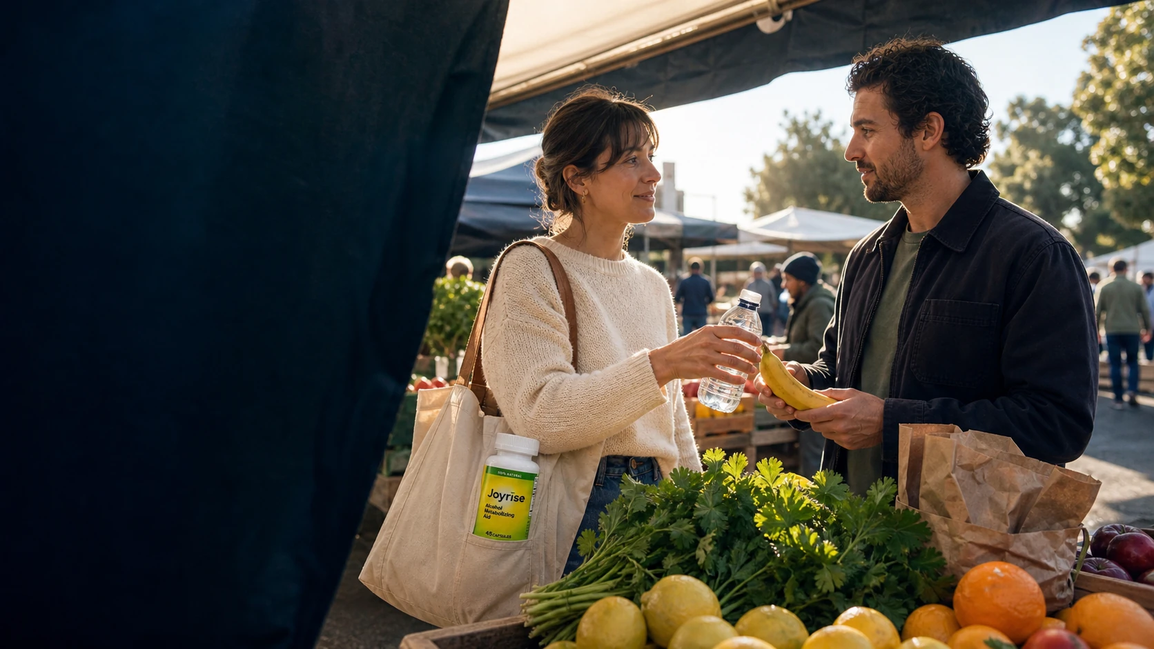 Friends sharing water and a banana at an early morning market with Joyrise tucked into a tote
