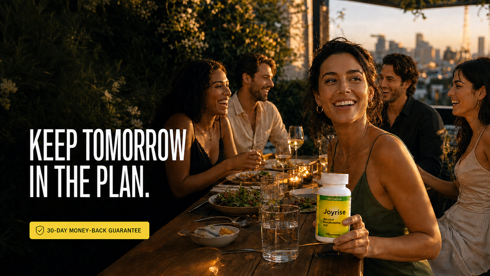 Friends enjoying a rooftop dinner with Joyrise integrated into the evening scene
