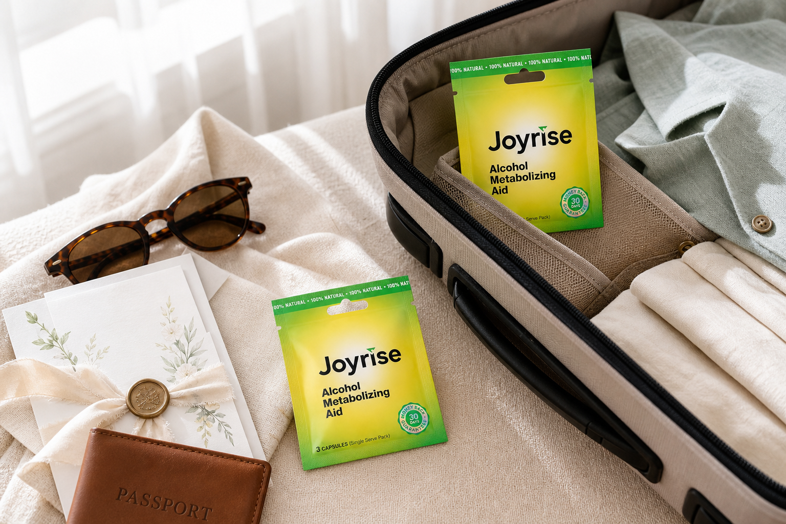 Joyrise capsule packets packed with travel and wedding essentials
