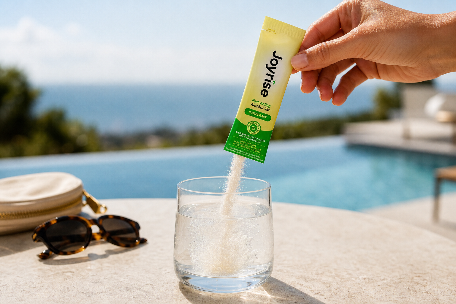 Joyrise powder mix pouring into water beside a sunny pool