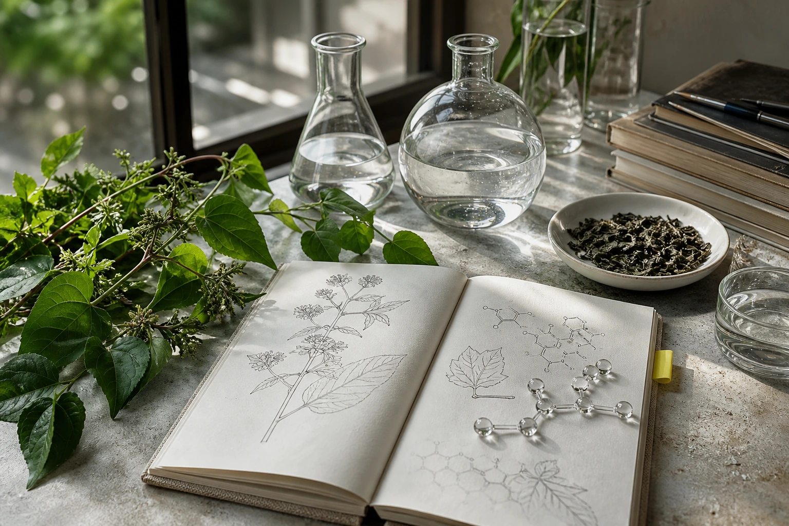 Vine tea leaves, laboratory glassware, and an open research notebook