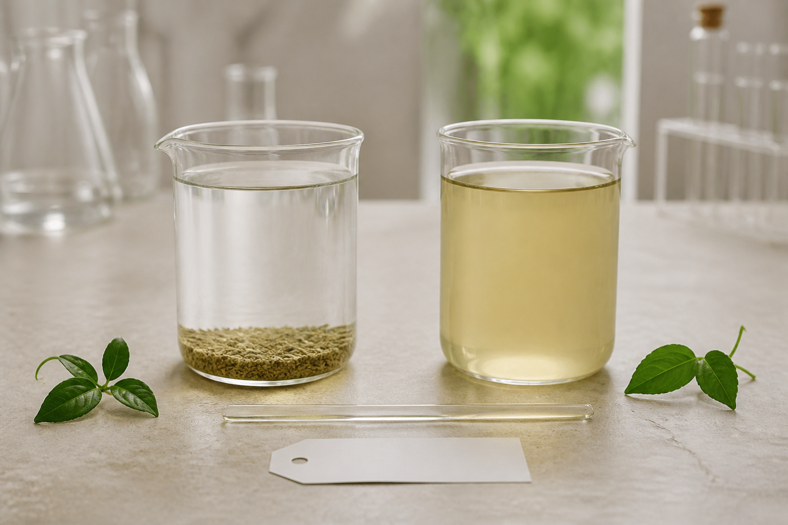 Two laboratory vessels showing settled botanical material beside a uniform pale-gold dispersion