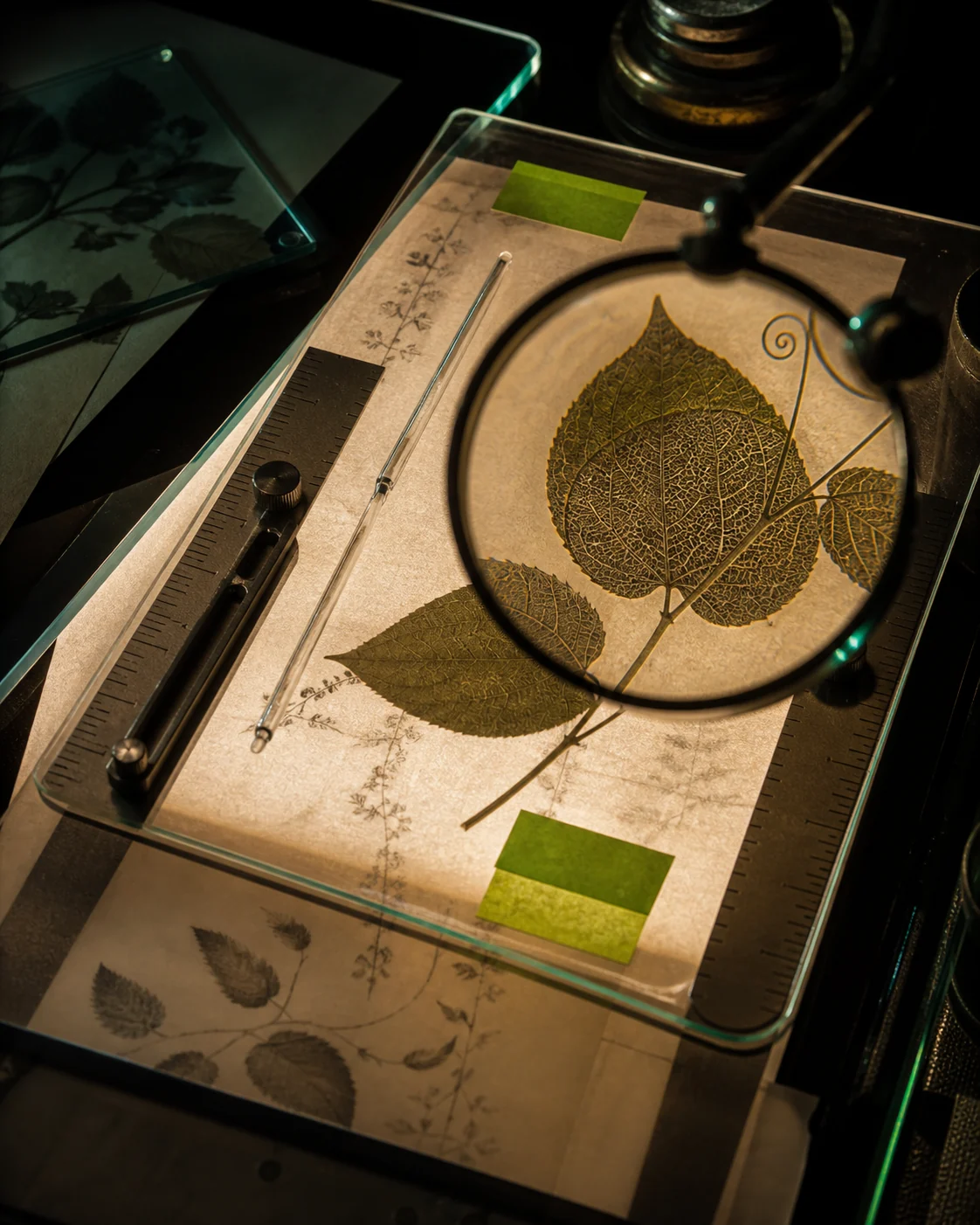 A magnifying lens over an archived botanical specimen on an illuminated research plate