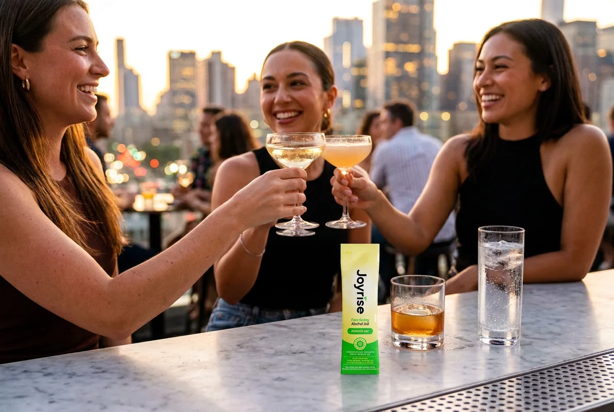 Friends together at a destination rooftop dinner