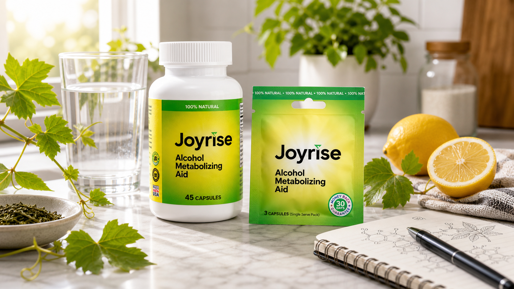 Joyrise capsule bottle and single-serve packet in a bright studio setting