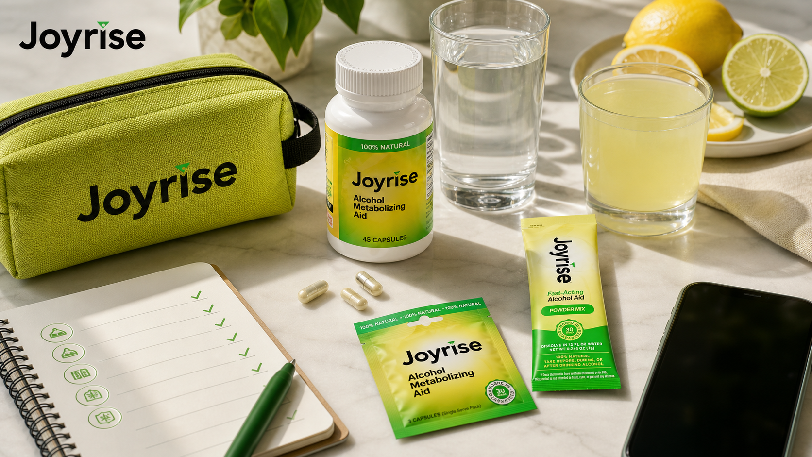 Joyrise bottle, capsule packet, and powder stick with water and travel essentials