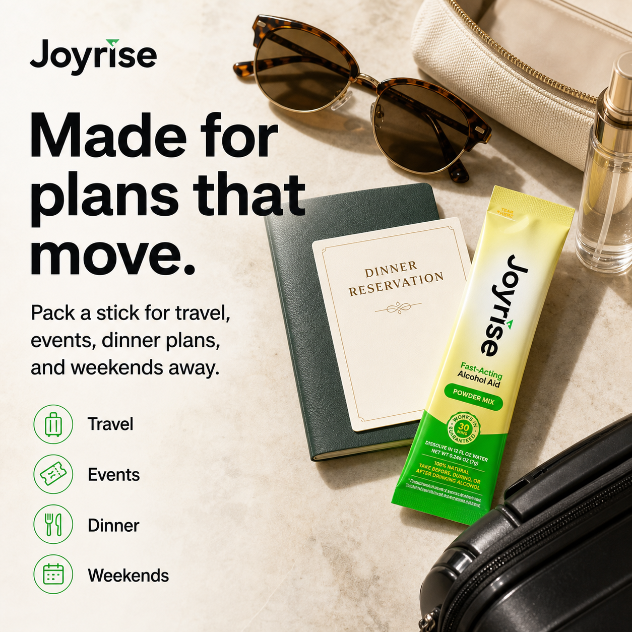 Joyrise powder format beside a dinner reservation and travel essentials